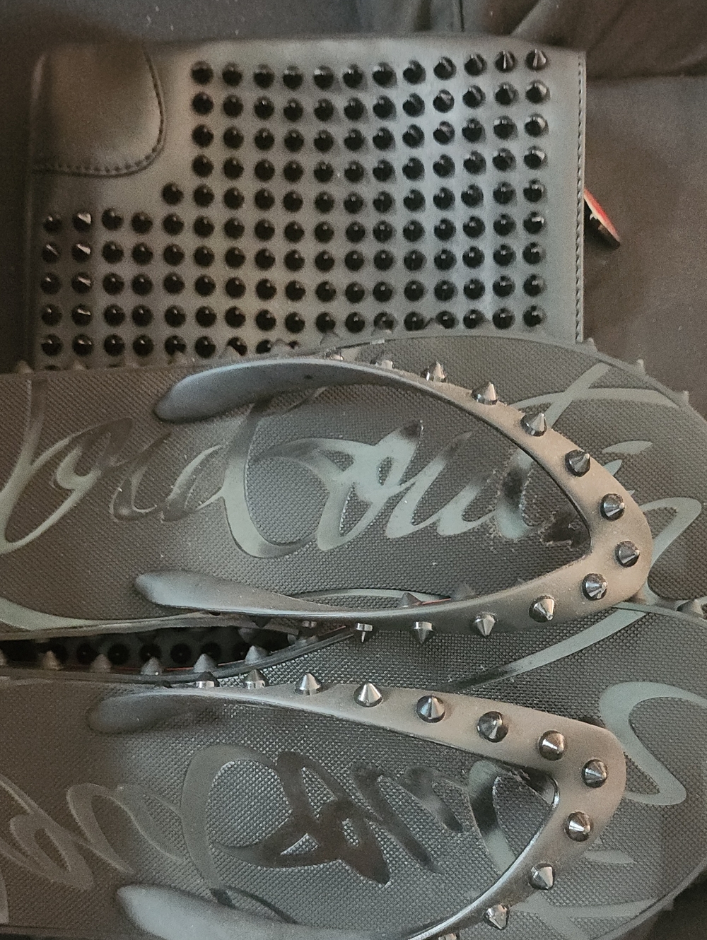 😍😍Christian Louboutin Black Studded Flip Flops w/ Matching Studded Clutch